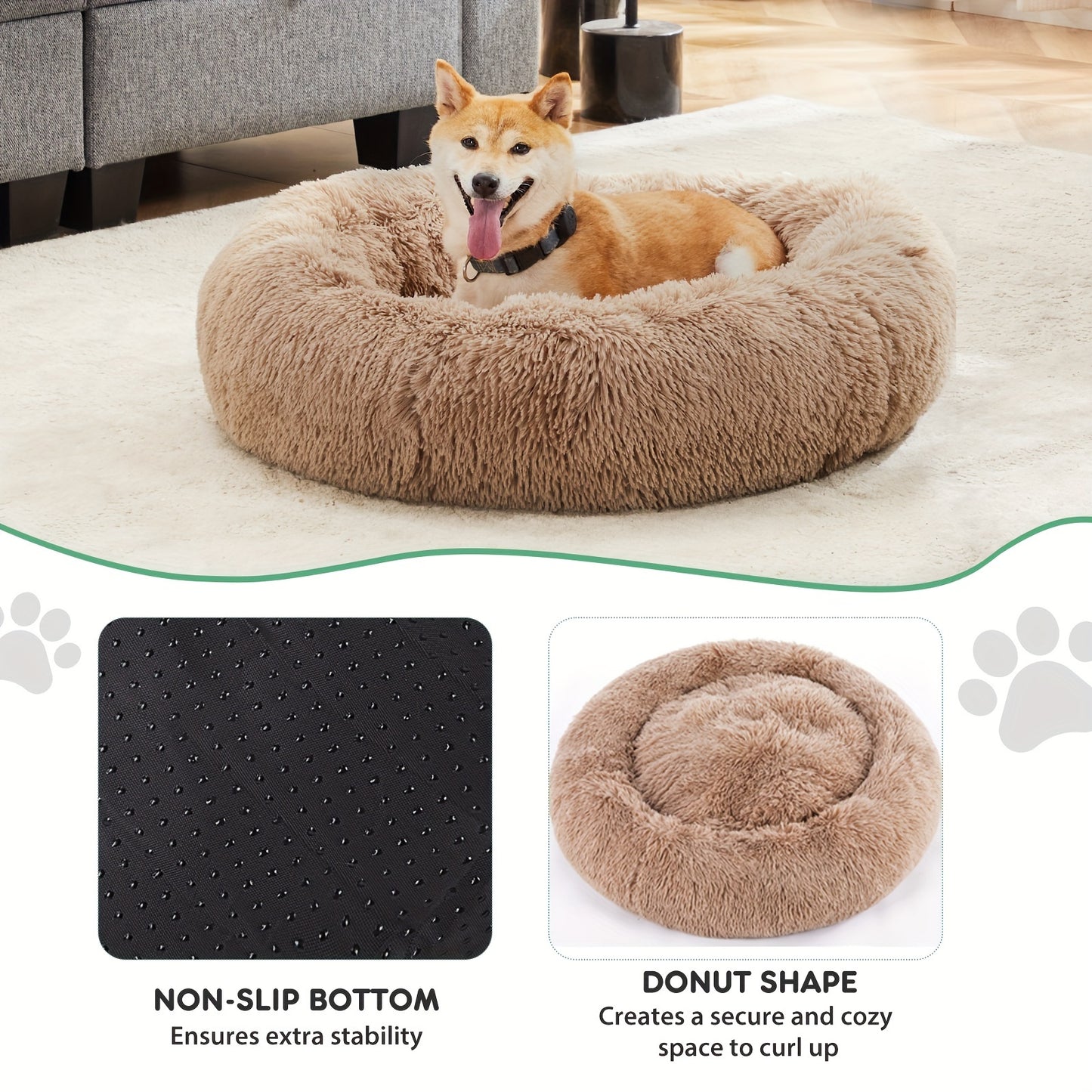 Fluffy Plush Calming Pet Bed - Soft & Washable Anti-Slip Round Bed for Dogs & Cats, Comfort & Support for Anxiety Relief