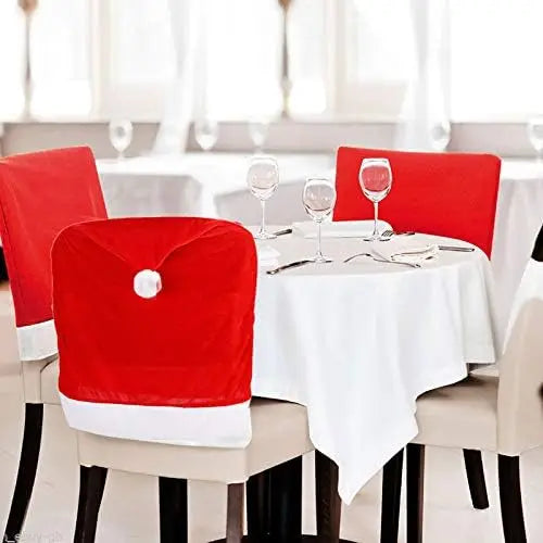 Christmas Chair Covers Set Red and White Santa Claus Hat Chair Back Covers for Xmas Holiday Festival Dining Room Table Decor