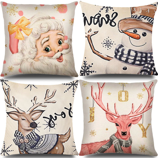 Christmas Santa Claus Snowman Reindeer Throw Pillow Covers 18 x 18 Inch Linen Pillowcase Cushion Case Decoration for Sofa Couch