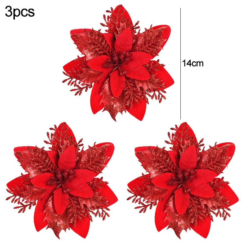 3Pcs 14cm Christmas Flowers Glitter Artificial Red Gold Flower Head Berry DIY Xmas Tree Ornament Decorations for Home New Year