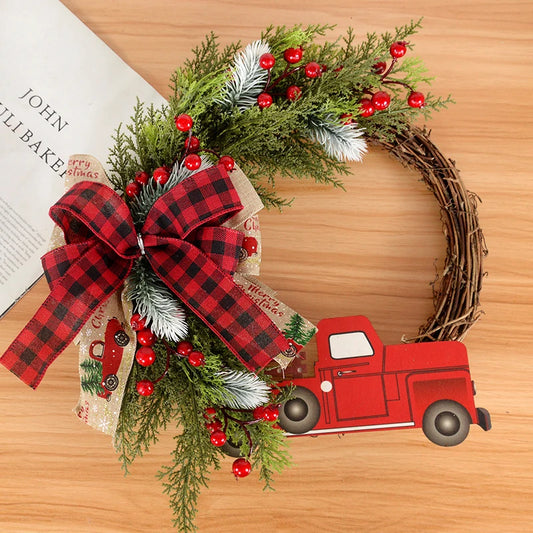 38CM Christmas Door Wreath Garland Wooden Car Red Berry Wall Hanging Ornament Merry Christmas Decoration for Home  New Year 2025