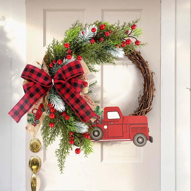 38CM Christmas Door Wreath Garland Wooden Car Red Berry Wall Hanging Ornament Merry Christmas Decoration for Home  New Year 2025