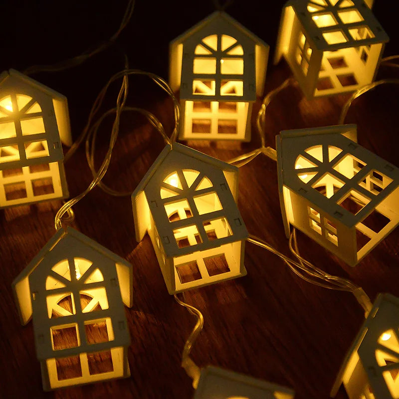 2M 10LED Christmas Wooden House LED Fairy Light String 2025 New Year Home Hanging Garland Xmas Tree Ornaments Decoration Lamp