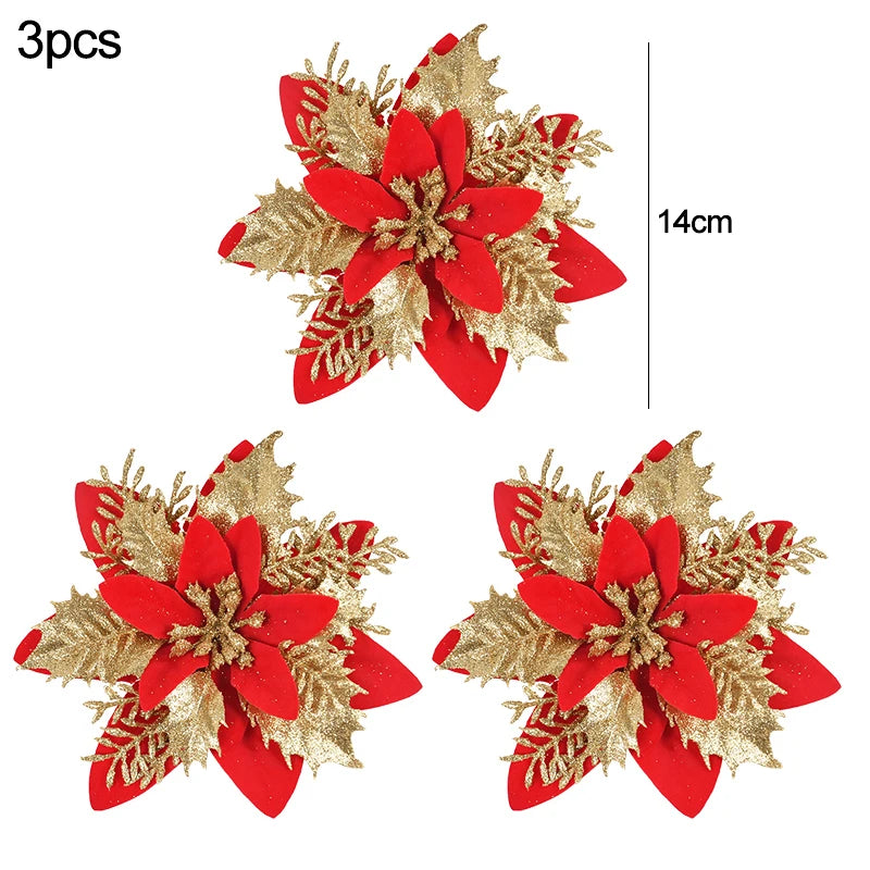 3Pcs 14cm Christmas Flowers Glitter Artificial Red Gold Flower Head Berry DIY Xmas Tree Ornament Decorations for Home New Year