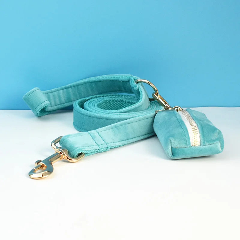 Custom Turquoise Velvet Dog Collar and Leash Set with Engraved Nameplate – Personalized Pet Supplies for Dogs