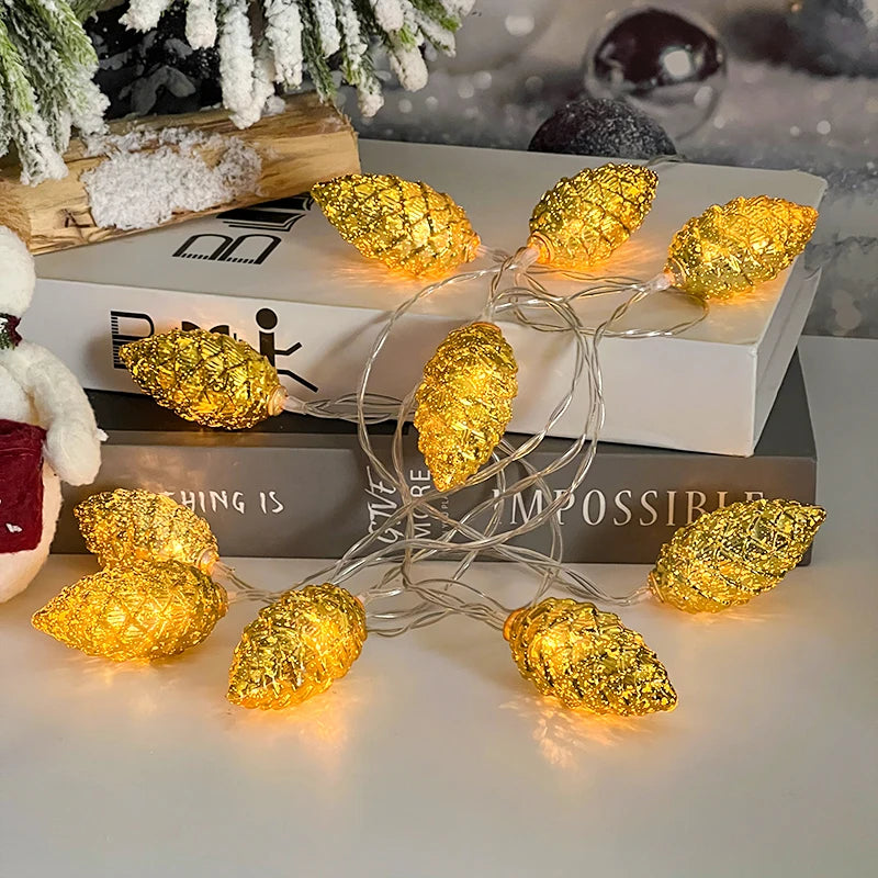 1.6M 10LED Pine Cone String Lights Christmas Tree Hanging Ornaments Merry Christmas Fairy Lights Home Decoration 2025 New Year