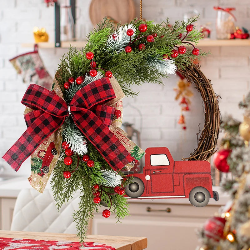 38CM Christmas Door Wreath Garland Wooden Car Red Berry Wall Hanging Ornament Merry Christmas Decoration for Home  New Year 2025