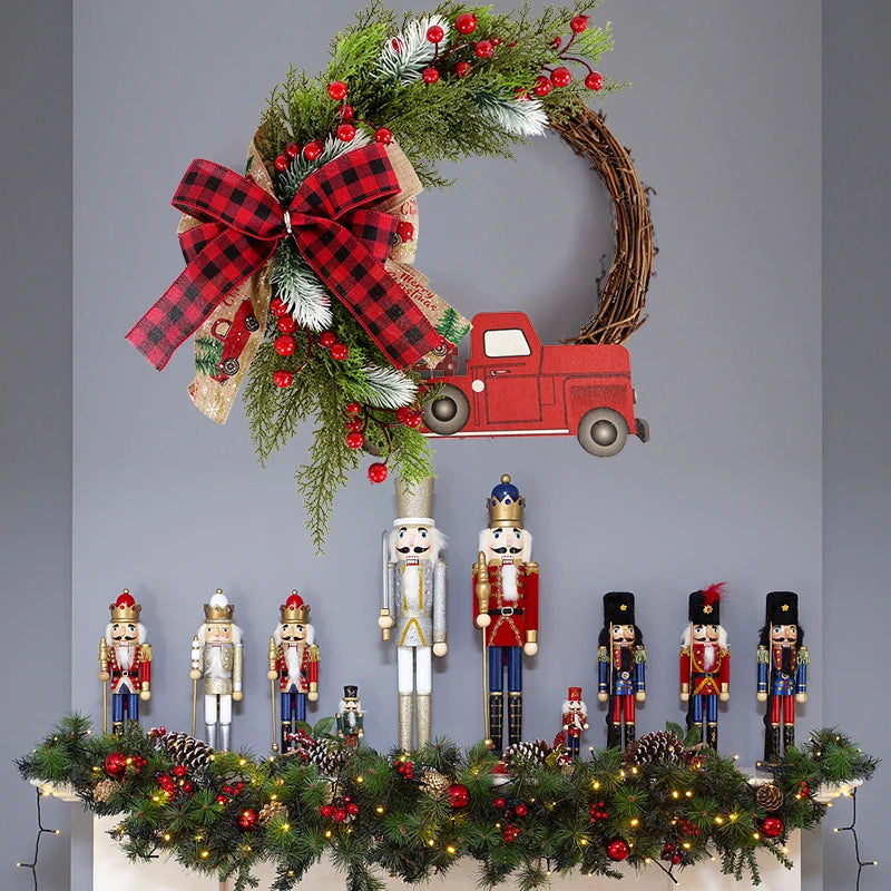 38CM Christmas Door Wreath Garland Wooden Car Red Berry Wall Hanging Ornament Merry Christmas Decoration for Home  New Year 2025