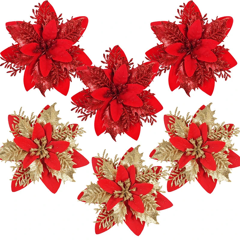 3Pcs 14cm Christmas Flowers Glitter Artificial Red Gold Flower Head Berry DIY Xmas Tree Ornament Decorations for Home New Year