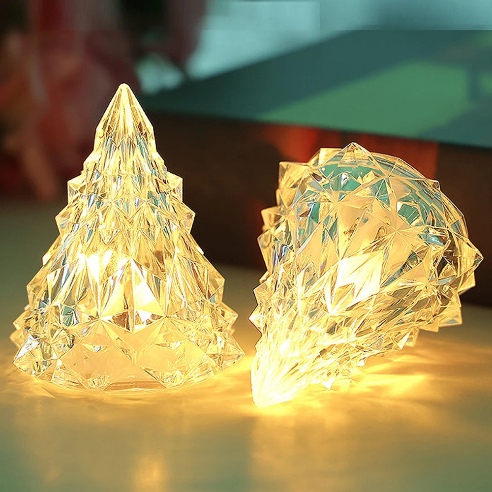 LED Crystal Night Light Warm Christmas Tree Lantern Iceberg Table Lamp Button Batteries Home Party Xmas Diamond Gift Decoration