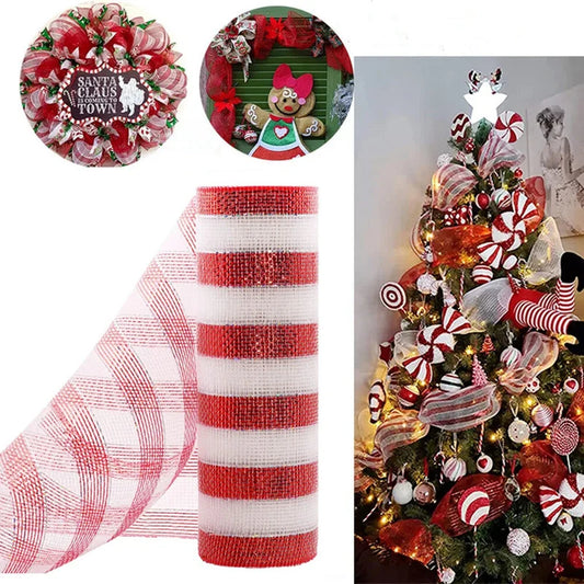 10Yard Christmas Red White Metallic Mesh Ribbon Xmas Tree Candy Cane Decoration Ornament DIY Wreath Bow 2025 New Year Gift 26cm