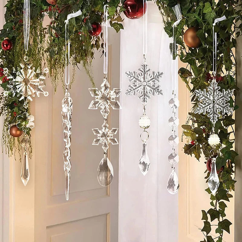 5/10Pcs Acrylic Snowflake Simulation Ice Pendants Xmas Tree Hanging Ornament 2024 Christmas Home Decorations New Year Gift 2025