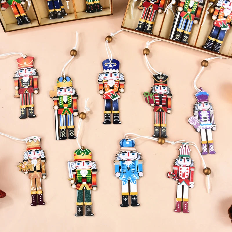 9Pcs Christmas Wooden Ornaments Nutcracker Soldier Xmas Tree Hanging Pendant 2024 Christmas Home Decorations New Year 2025 Gift