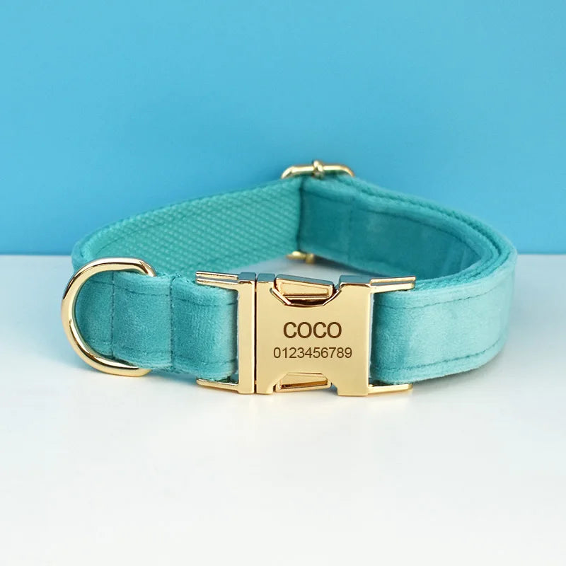 Custom Turquoise Velvet Dog Collar and Leash Set with Engraved Nameplate – Personalized Pet Supplies for Dogs