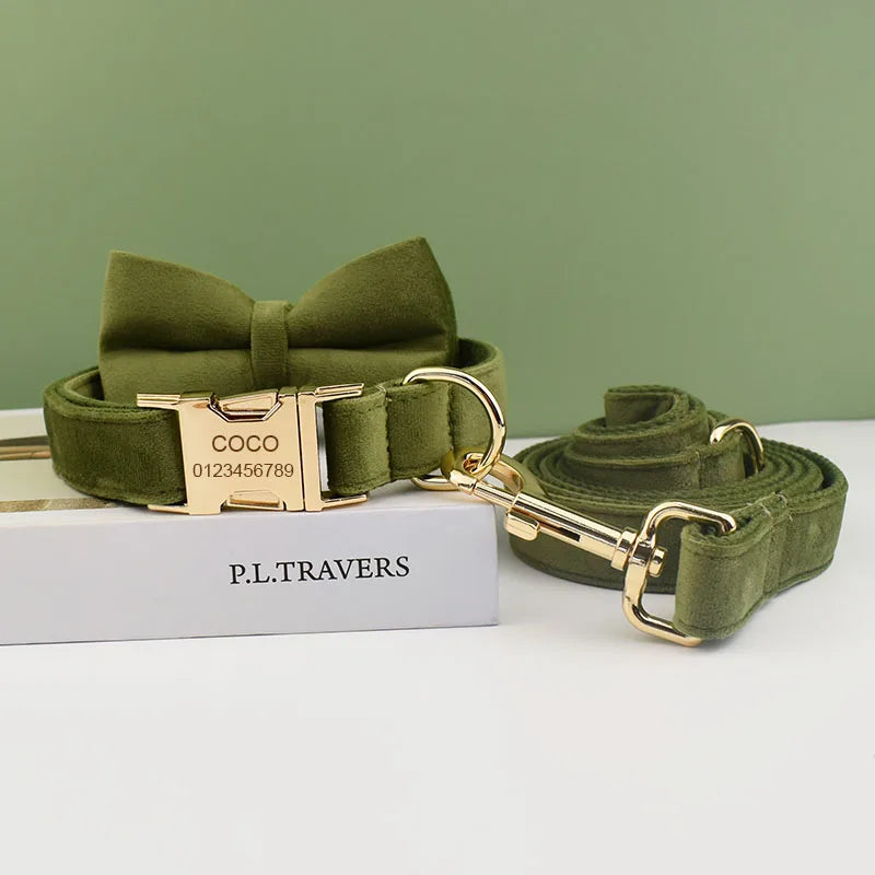 Custom Green Velvet Dog Collar for Medium & Large Breeds – Personalized with Name, Adjustable for Pitbull, German Shepherd, Akita, Cocker Spaniel & More