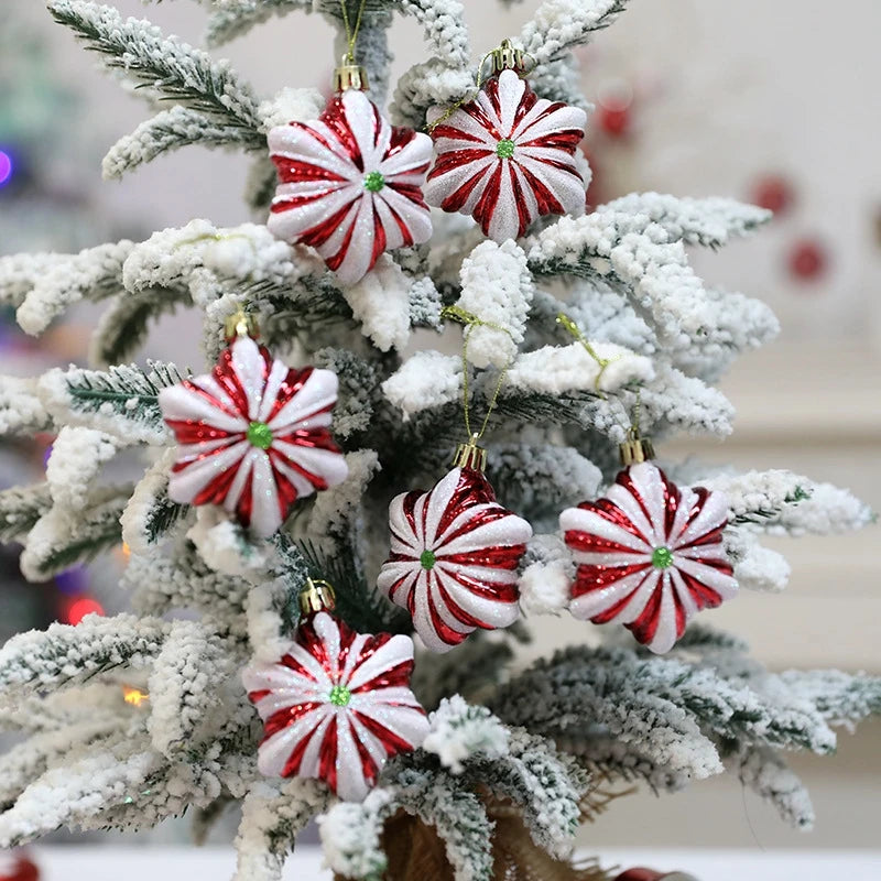 6pcs/box Christmas Tree Pendant Red Star Candy Snowflake Xmas Ball Ornament New Year 2025 Home Decoration Noel Gift Navidad 2024